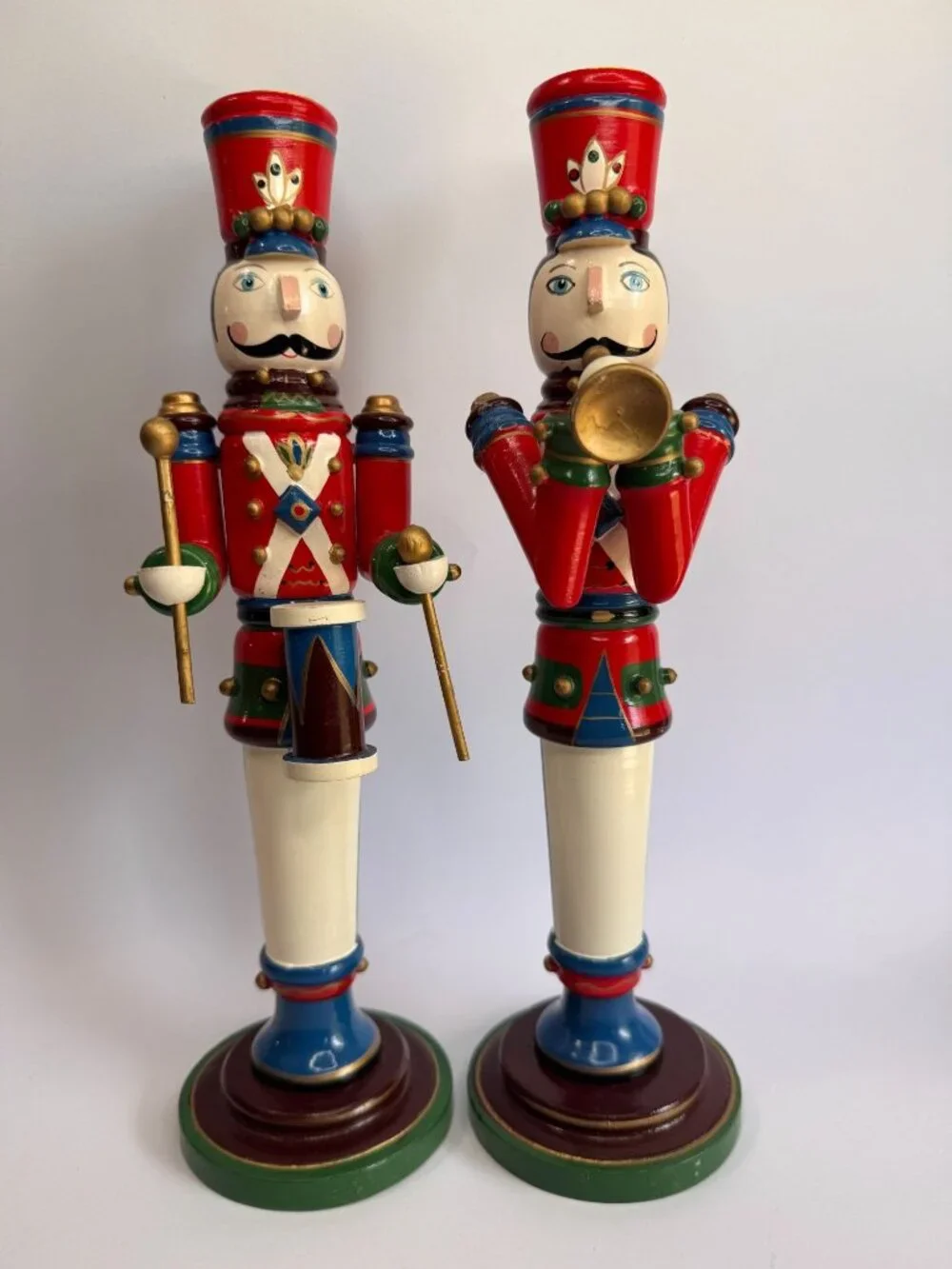 Vintage Kurt Adler Wooden Soldier Candle Holders Drummer Trumpeter Pair 11.75